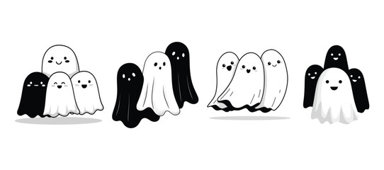 Adorable black and white cartoon ghosts with happy faces form cute groupings for Halloween illustrations.