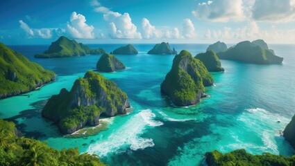 Obraz premium Tropical islands with lush green hills surrounded by turquoise waters and white beaches, under a partly cloudy sky.