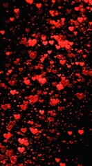 Red hearts cascade on a black background, creating a romantic and festive atmosphere. The hearts vary in size and are slightly blurred for a dreamlike effect