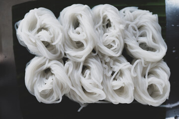 Rice vermicelli or Khanom jeen for eating with various curry sauces, Local food of Thailand