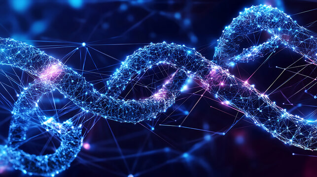 Abstract Digital DNA Helix with Glowing Nodes and Connections - Powered by Adobe