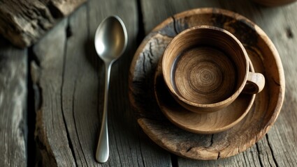 A wooden cup and saucer with a silver spoon on a rustic wooden table.