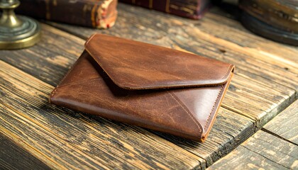 Brown leather envelope wallet on a wooden table
