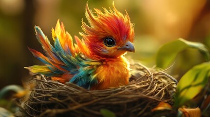 Fototapeta premium A vibrant, colorful baby bird nestled in a warm nest. Its plumage shimmers with hues of orange, red, and teal, against a backdrop of soft sunlight filtering through foliage