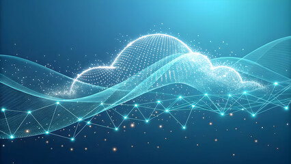 Glowing digital cloud formation with connected nodes and flowing waves abstract data