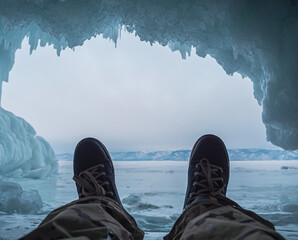 Unique perspective from inside an ice cave with feet resting on snowy ground near a frozen Baikal lake