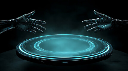 Robotic Hands Hover Over a Glowing Circular Interface