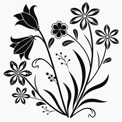 Elegant black silhouette floral design with bell flowers and star shaped blossoms on a white background perfect for decorative purposes