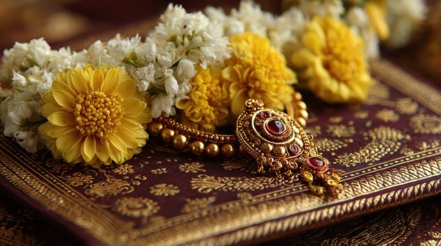 Traditional marathi wedding invitation card with turmeric rice grains coconut and flowers ceremonial photography concept