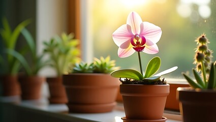Fototapeta premium Beautiful pink orchid in bloom on a sunny windowsill with other potted plants