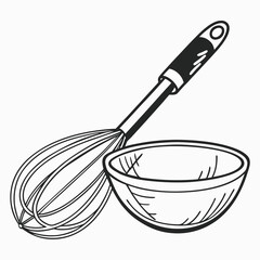 Black and white illustration of a kitchen whisk and mixing bowl for culinary or baking themes