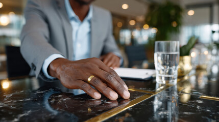 Fototapeta premium A poised individual extends a hand on an elegant table, symbolizing professionalism and confidence in a refined setting that embodies ambition and clarity in intention.