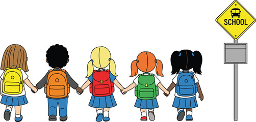 Cartoon school children walking to school, diverse kids holding hands, backpack illustration, back to school concept, school zone sign