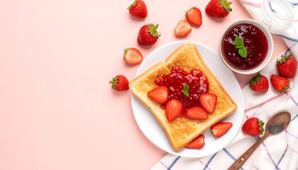 Toasted bread with strawberry jam and fresh strawberries