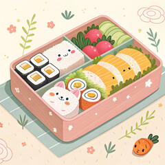 A colorful Japanese bento box arranged in kawaii style, featuring cute food characters, playful design