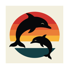 Two Black Dolphins Jumping Against Retro Sunset marine mammal