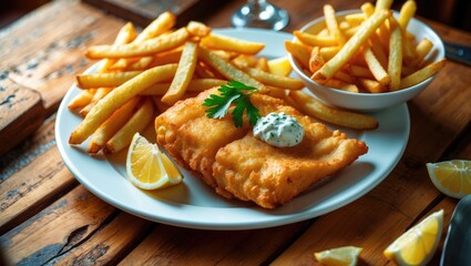 Plate of fish and chips with lemon wedges and parsley garnish on a wooden table.