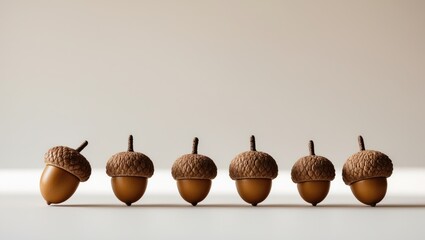Six acorns are arranged in a row on a white surface with a plain background.