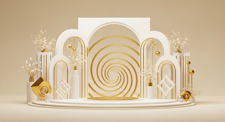 Elegant arches and bottles create a luxurious display of perfumes or skincare products