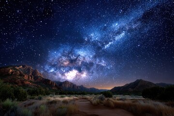 Fototapeta premium Starry Night Sky Over Desert Canyon Landscape