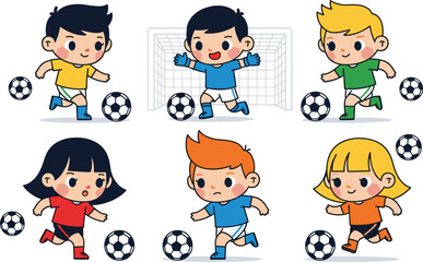 Cute kids playing soccer, football practice illustration, boys and girls team, children sports activity, outdoor fun, teamwork, healthy lifestyle