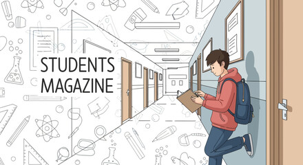 Illustrative student reading magazine in school hallway a blend of education and youth culture