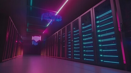 Neon-Lit Server Room with Advanced Data Storage Units