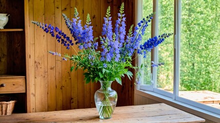 A vase of blue flowers sits on a wooden table