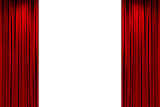 Open red velvet curtains, red smooth straight stage of a movie theater or stage, isolated on transparent background