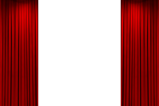 Open red velvet curtains, red smooth straight stage of a movie theater or stage, isolated on transparent background