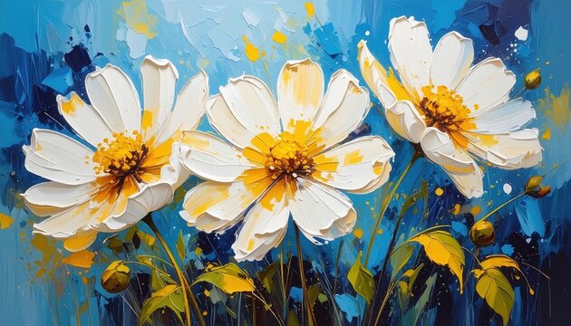 Large daisies painted in vibrant strokes representing optimism, joy, free spirit, modern expression of nature's energy, floral art for spring renewal concept