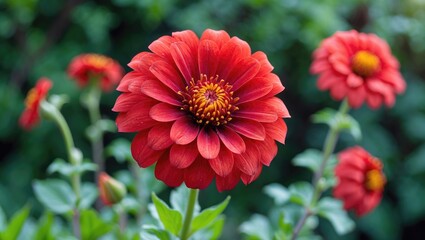 Red flower with overlapping petals and green foliage. Bright and vibrant bloom in a natural setting.