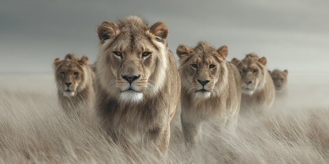Fototapeta premium Majestic lions walk through golden grasslands under a dramatic sky at dusk in the African savanna