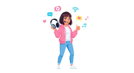 Young cartoon girl with headphones surrounded by social media and digital icons.