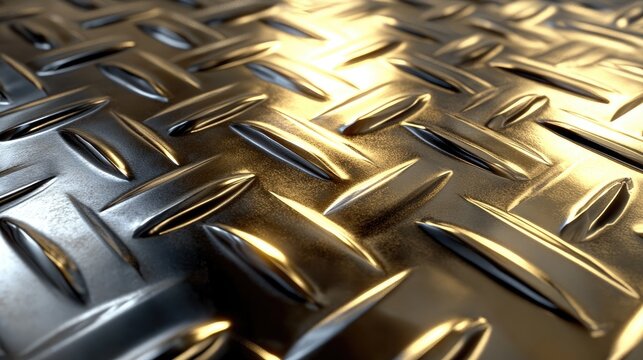 Gleaming Industrial Diamond Plate with Warm, Dynamic Light Reflections