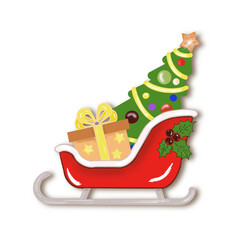 Christmas tree with presents on a red sled, transparent background, winter inspo