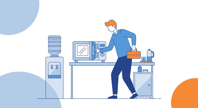 Office worker using microwave for lunch break, showcasing modern office scene with employee