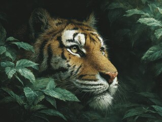 Majestic tiger emerging from dense foliage in a lush jungle environment during the golden hour of dusk