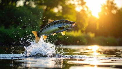 Fish jumping out of water in river under golden sunlight creating concept of vitality nature exploration and wildlife adventure with energetic composition