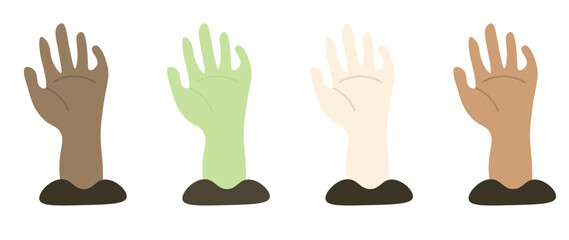 A set of zombie hands on a white background. An isolated collection of rotten blue hands with damage. Hands from the graves