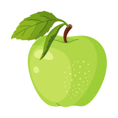 Fresh green apple with leaf, fresh garden fruit. Hand drawn food clipart. Whole fruit with green leaf, Flat style isolated on transparent background. Vector illustration