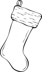 Simple Christmas stocking with fur trim, symbol of holiday gift, home decor. Sock for card, poster, festive design. Vector illustration in hand drawn sketch style. Line art isolated on white for print