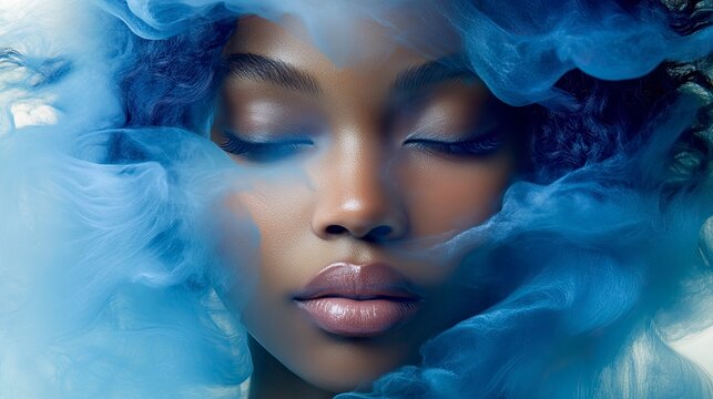 Ethereal Portrait of a Serene Black Woman Enveloped in Wisps of Blue Smoke