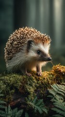 Small hedgehog exploring a mossy log in a forest during early morning light