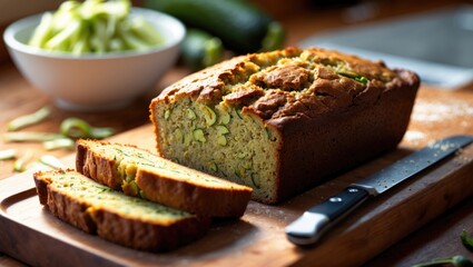 Banana bread loaf on wooden cutting board with sliced pieces, with a bowl of zucchini and cucumber in the background, fresh and baked goods.
