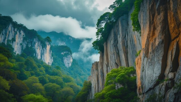 Lush green forest and steep cliffs on a mountain range under a cloudy sky.