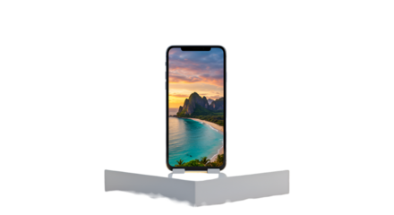 Dreaming of paradise escaping to a serene beach sunset on a modern smartphone showcasing the future of portable travel