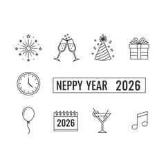 Celebrate New Year 2026 with Party Icons, Champagne Cheers, and Festive Decorations, Perfect for Holiday Greetings and Festive Promotions, Originally a Scalable Graphic