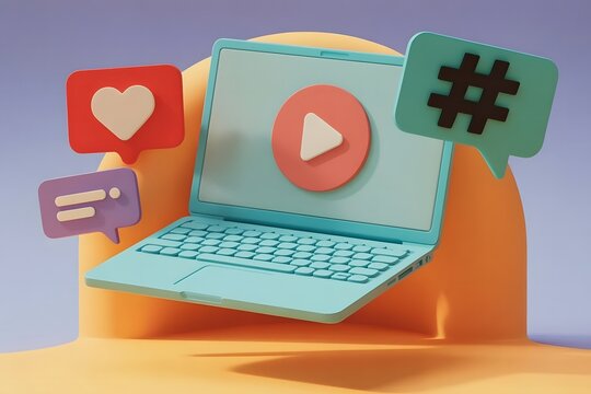 Creative illustration of a light blue laptop with social media icons like a heart like and a hashtag symbol on a warm yellow abstract background