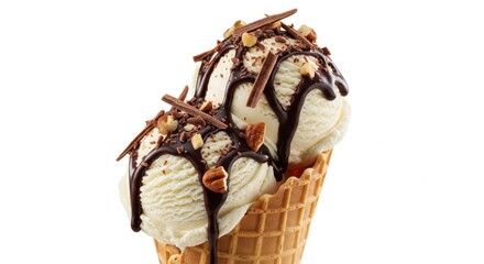 Delicious Vanilla Ice Cream Sundae With Chocolate Sauce and Nuts